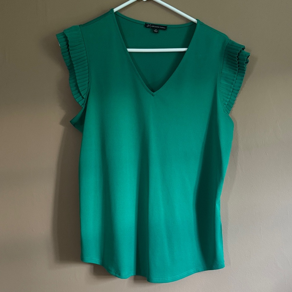 Adrianna Papell Emerald V-Neck Blouse with Pleated Sleeves